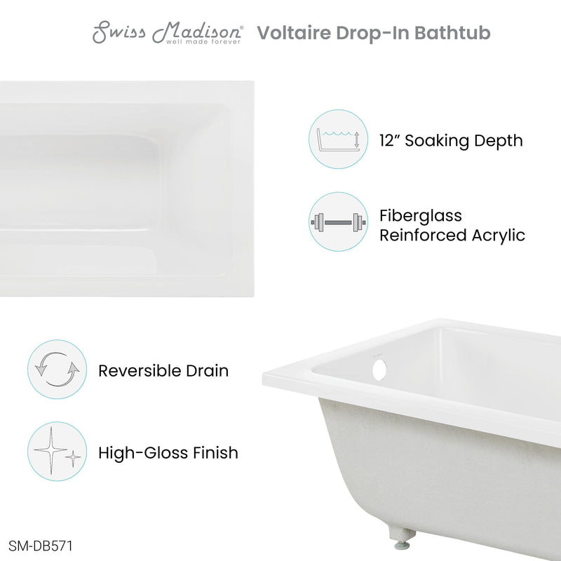 Swiss Madison Voltaire 48" x 32" Reversible Drain Drop-In Bathtub - SM-DB571 - Backyard Provider