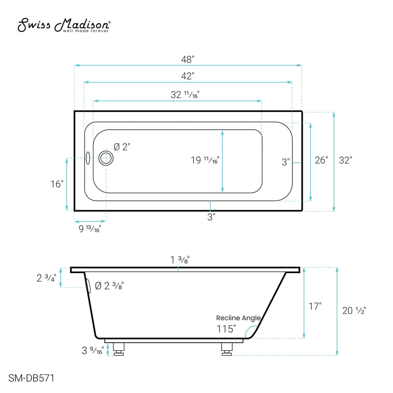 Swiss Madison Voltaire 48" x 32" Reversible Drain Drop-In Bathtub - SM-DB571 - Backyard Provider