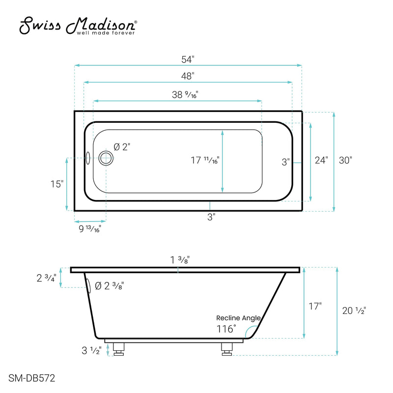 Swiss Madison Voltaire 54" x 30" Reversible Drain Drop-In Bathtub - SM-DB572 - Backyard Provider