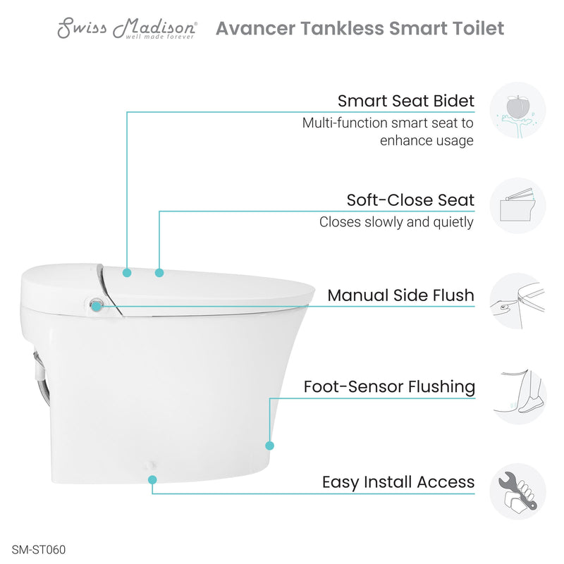 ﻿﻿﻿Swiss Madison Avancer Intelligent Tankless Elongated Toilet and Bidet, Touchless Vortex™ Dual-Flush 1.1/1.6 gpf - SM-ST060 - Backyard Provider