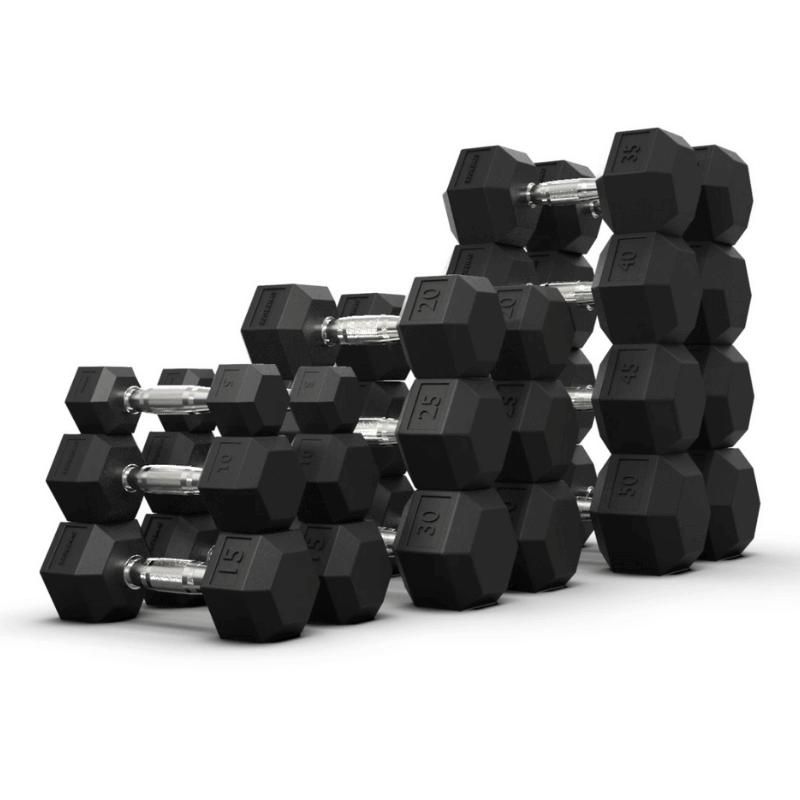 Synergee Rubber Hex Dumbbell 5-50 LBs Set with Rack - XG-DBRH550-USR4