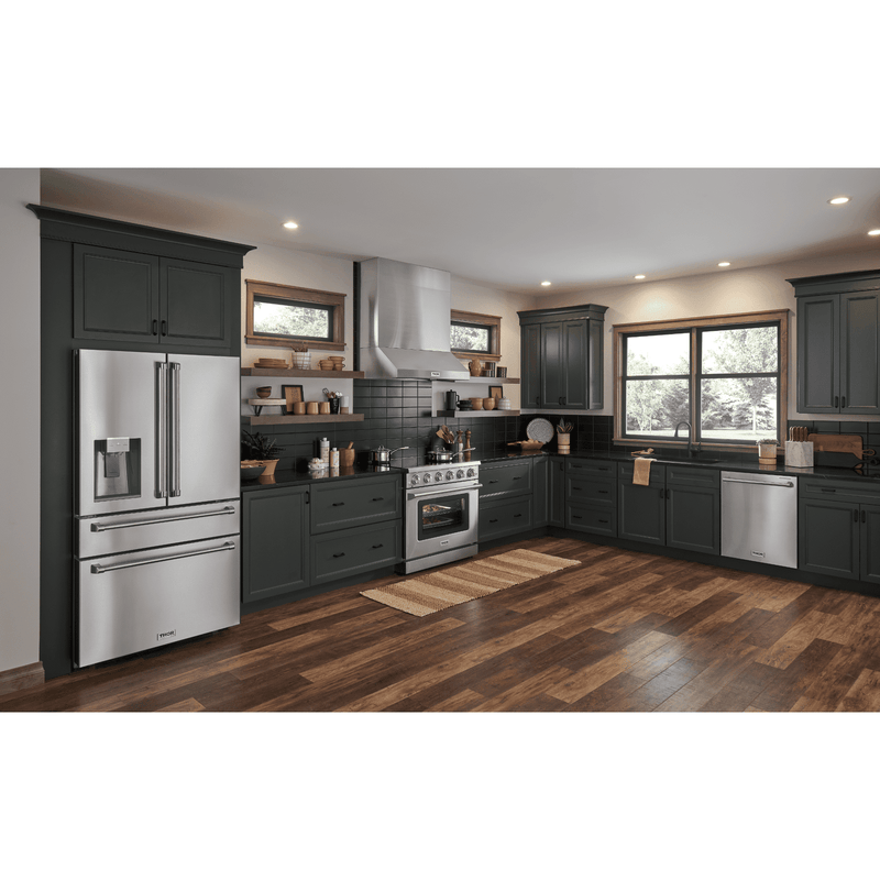 Thor Kitchen Professional Appliance Package - 48 in. Gas Range, Range Hood, Refrigerator with Water and Ice Dispenser, Dishwasher, Microwave Drawer, Wine Cooler, AP-HRG4808U-14