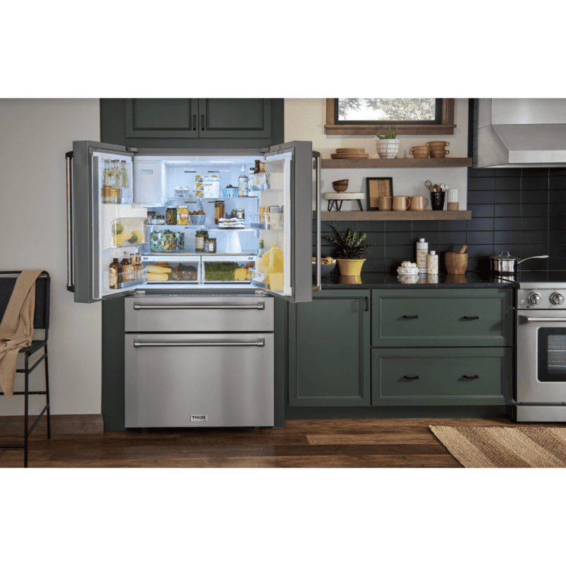 Thor Kitchen Appliance Package - 30 In. Gas Range, Range Hood, Microwave Drawer, Refrigerator with Water and Ice Dispenser, Dishwasher, AP-TRG3001-C-9