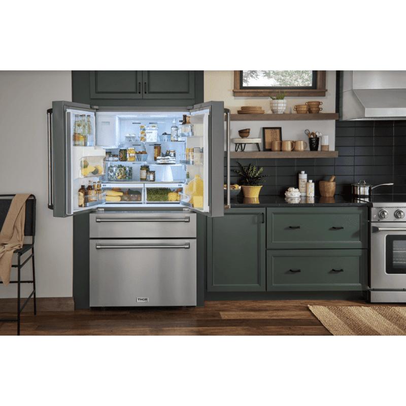 Thor Kitchen Appliance Package - 36 In. Gas Range, Microwave Drawer, Refrigerator with Water and Ice Dispenser, Dishwasher, AP-TRG3601-12