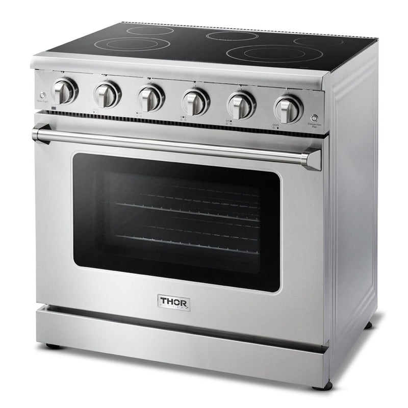 Thor Kitchen Appliance Package - 36 in. Electric Range, Range Hood, Refrigerator, Dishwasher, AP-HRE3601-3