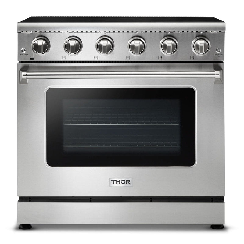 Thor Kitchen Appliance Package - 36 in. Electric Range, Range Hood, Microwave Drawer, Refrigerator with Water and Ice Dispenser, Dishwasher, AP-HRE3601-13