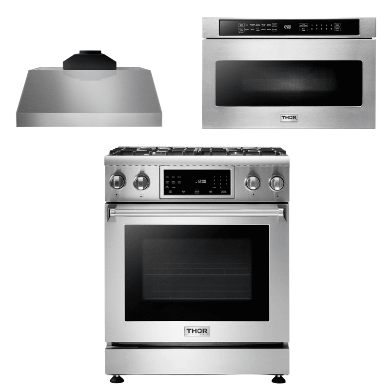 Thor Kitchen Appliance Package - 30 In. Gas Range, Range Hood, Microwave Drawer, AP-TRG3001-C-4