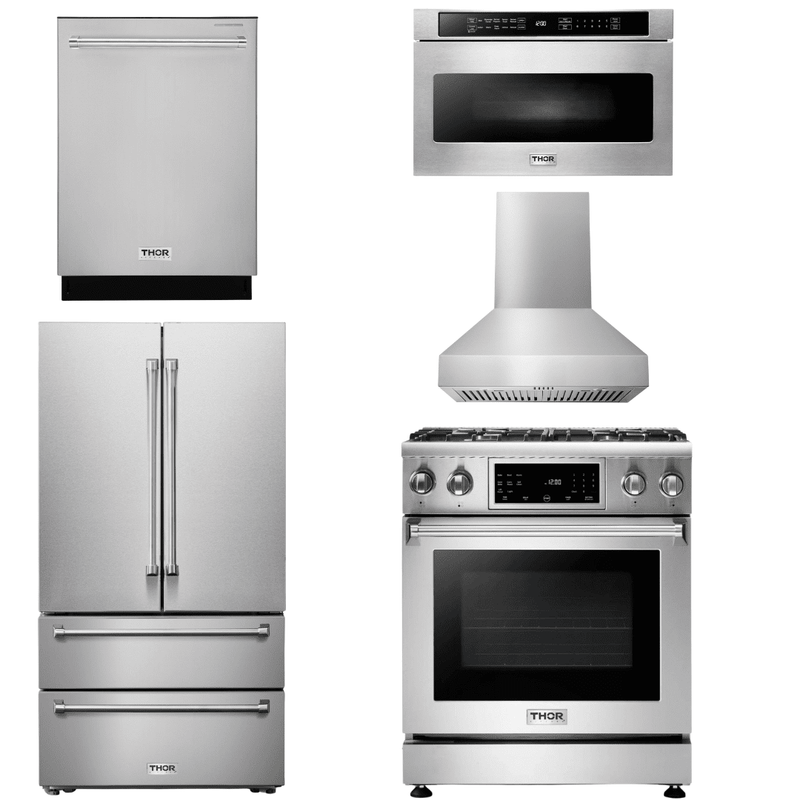 Thor Kitchen Appliance Package - 30 In. Gas Range, Range Hood, Microwave Drawer, Refrigerator, Dishwasher, AP-TRG3001-W-5