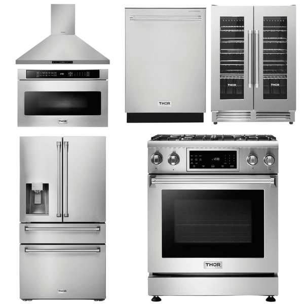 Thor Kitchen Appliance Package - 30 In. Gas Range, Range Hood, Microwave Drawer, Refrigerator with Water and Ice Dispenser, Dishwasher, Wine Cooler, AP-TRG3001-14