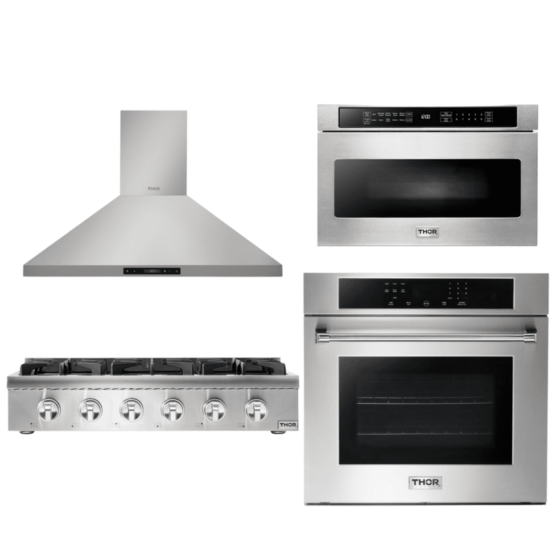 Thor Kitchen Appliance Package - 36 In. Gas Cooktop, Range Hood, Wall Oven, Microwave, AP-HRT3618U-3