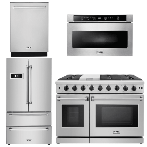 Thor Kitchen Appliance Package - 48 in. Gas Range, Dishwasher, Refrigerator, Microwave Drawer, AP-LRG4807U-6