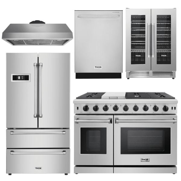 Thor Kitchen Appliance Package - 48 in. Propane Gas Range, Range Hood, Refrigerator, Dishwasher, Wine Cooler, AP-LRG4807ULP-4