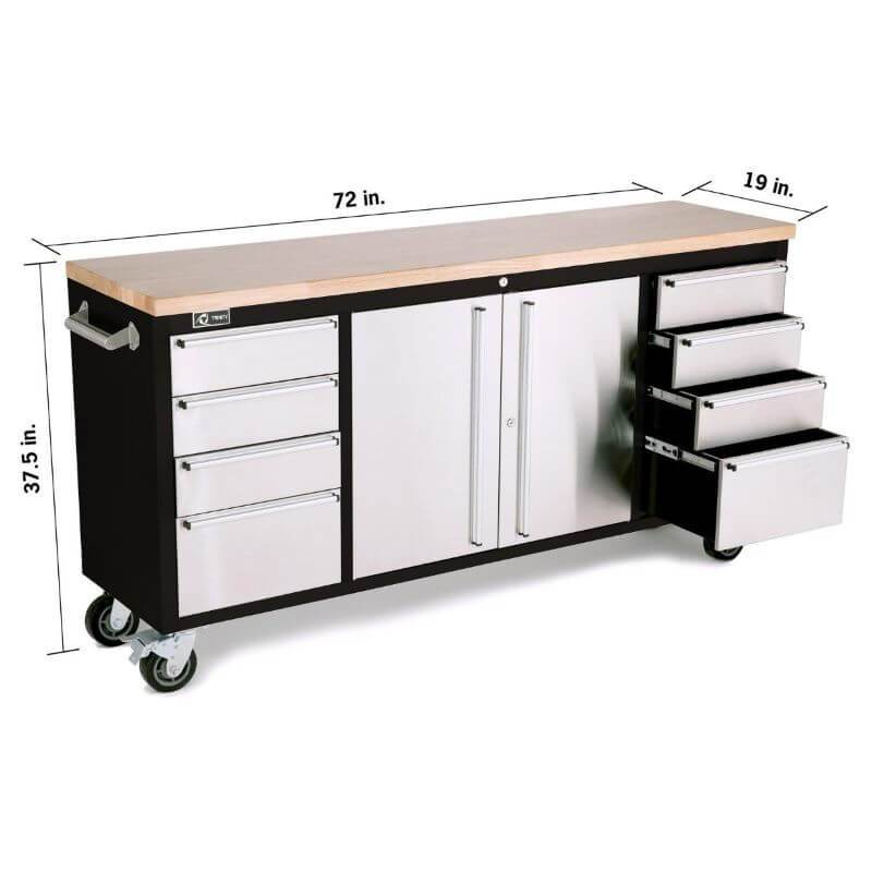 Trinity TLS-7205 72x19 Black & Stainless Steel Rolling Workbench - TLS-7205