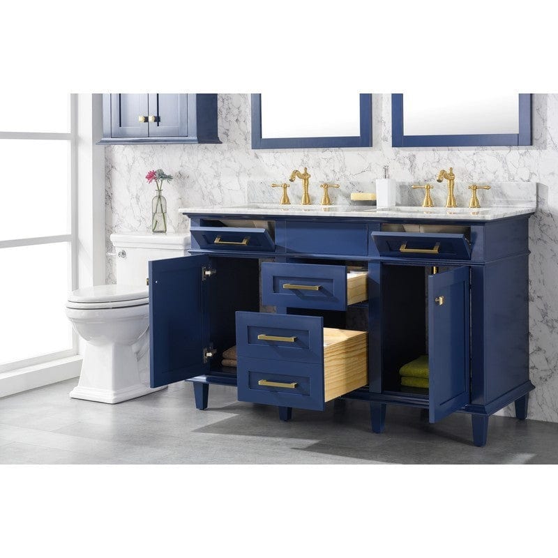 Legion Furniture WLF2254-B 54 Inch Blue Finish Double Sink Vanity Cabinet with Carrara White Top - Backyard Provider