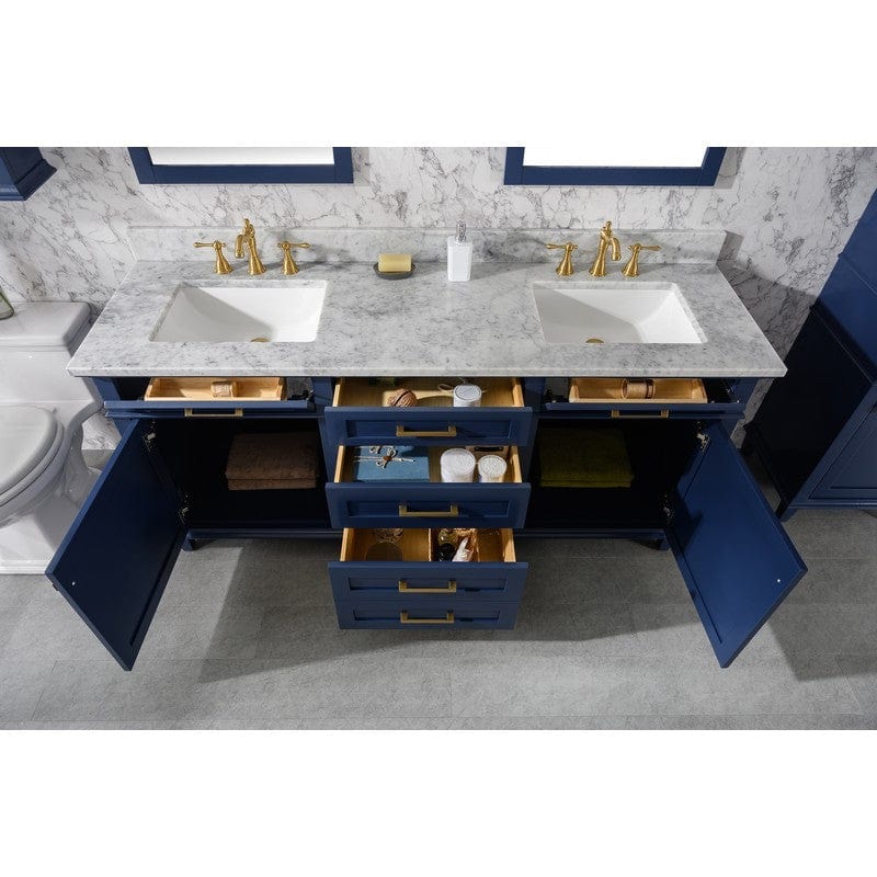 Legion Furniture WLF2272-B 72 Inch Blue Double Single Sink Vanity Cabinet with Carrara White Top - Backyard Provider