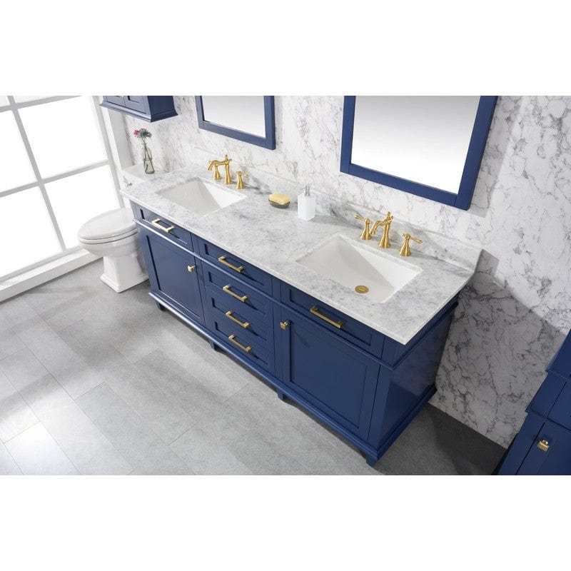 Legion Furniture WLF2272-B 72 Inch Blue Double Single Sink Vanity Cabinet with Carrara White Top - Backyard Provider