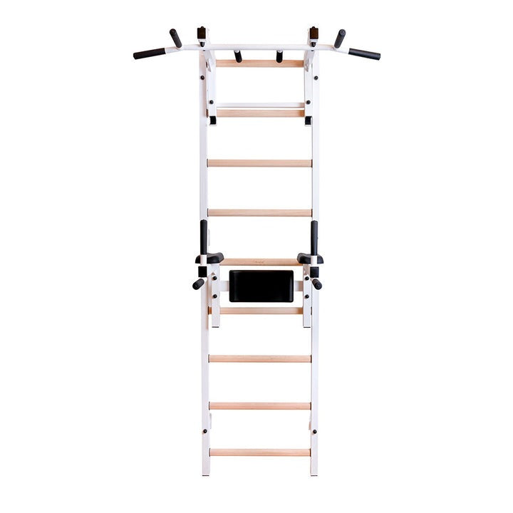 BenchK Swedish Ladder w/ Dip Bar & Rack - White