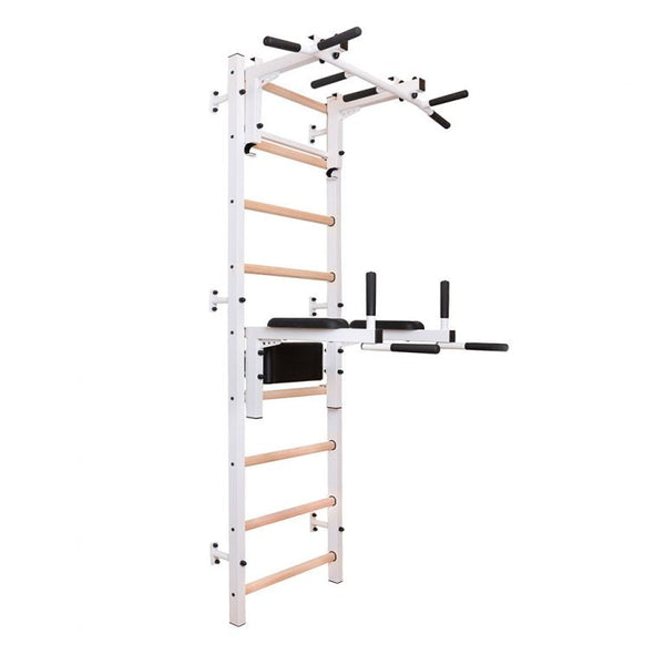 BenchK Swedish Ladder w/ Dip Bar & Rack - White