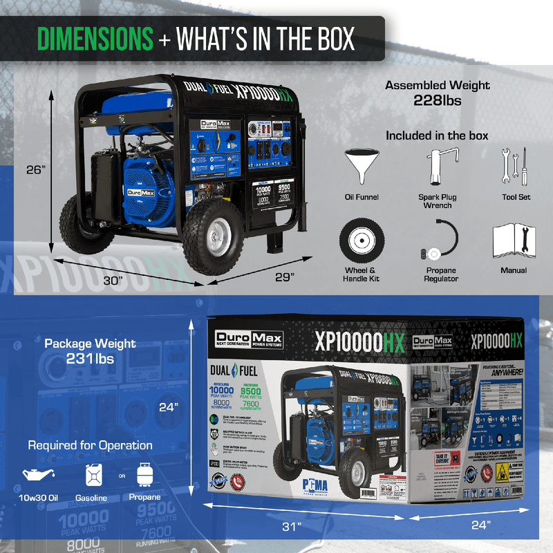 DuroMax 10,000 Watt Portable Dual Fuel Gas Propane CO Alert Generator - XP10000HX