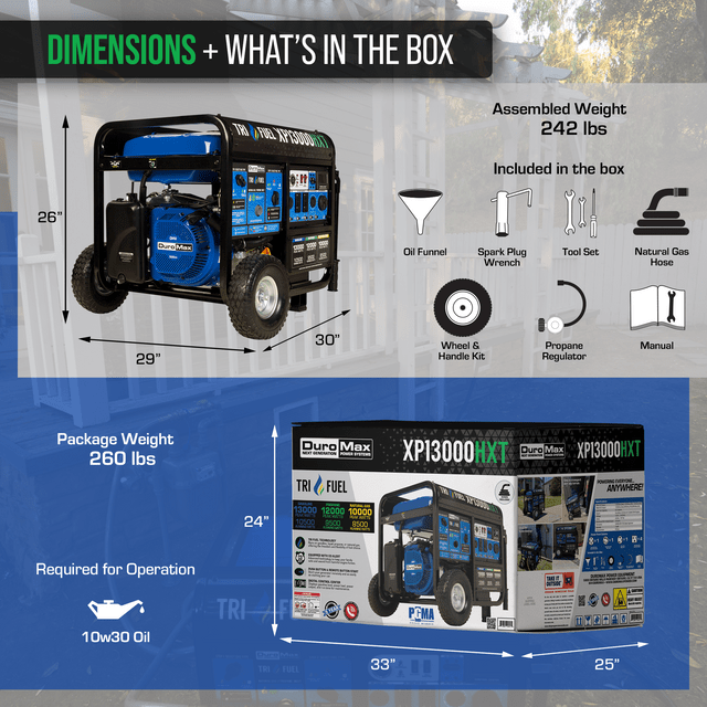 DuroMax 13,000 Watt Electric Start Tri-Fuel Portable Generator w/ CO Alert - XP13000HXT