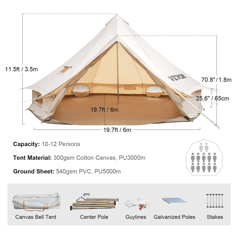 Vevor Bell Tent 19 ft/6m Yurt Cotton Canvas Waterproof With Stove Jack For 10-12 People 4 Seasons - Backyard Provider