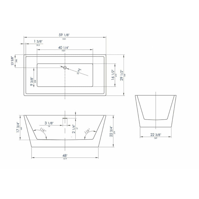 ALFI 59" Rectangular White Freestanding Acrylic Soaking Bathtub AB8833