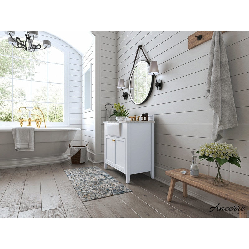 Ancerre Adeline Bathroom Vanity with Farmhouse Sink and Carrara White Marble Top Cabinet Set - VTS-ADELINE-36-W-CW-GD - Backyard Provider