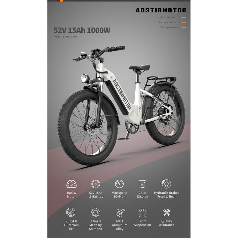 Aostirmotor QUEEN 1000W 52V All Terrain Step-Thru Fat Tire Electric Bike