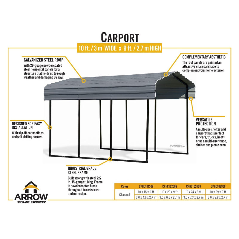 Arrow | Carport 10x20x9 ft Charcoal CPHC102009