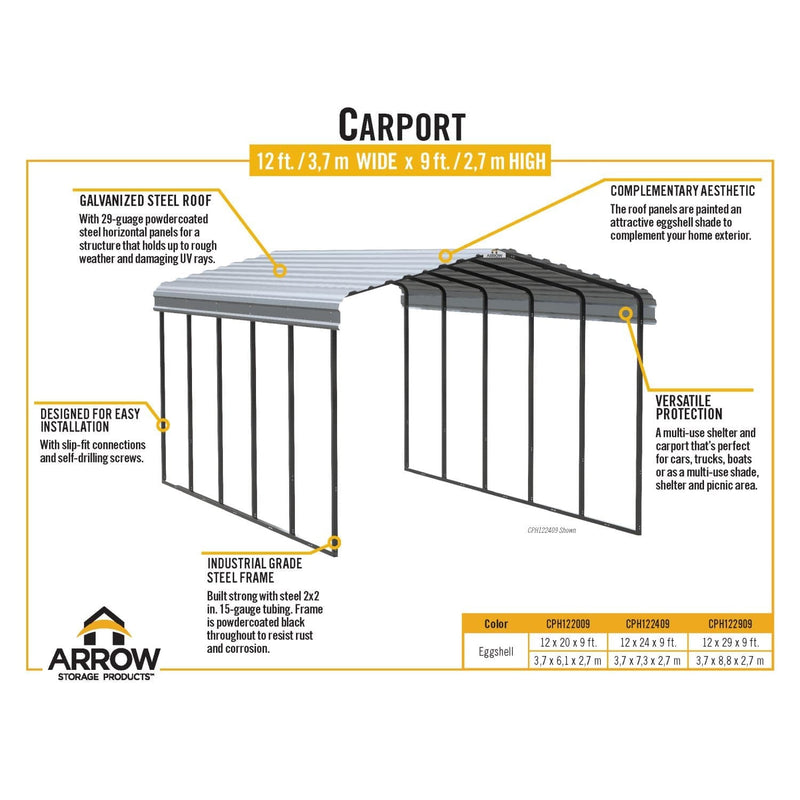 Arrow | Carport 12x20x9 ft Eggshell CPH122009