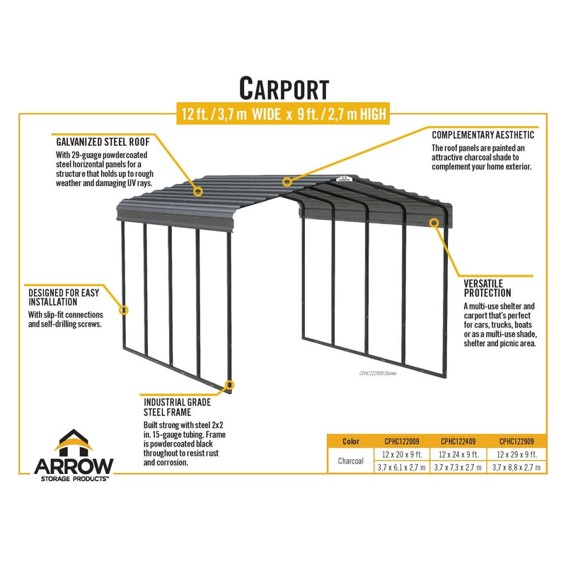 Arrow | Carport 12x29x9 ft Charcoal CPHC122909