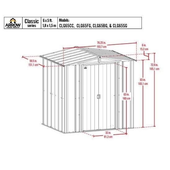 Arrow | Classic Steel Storage Shed, 6x5 ft., Flute Grey CLG65FG