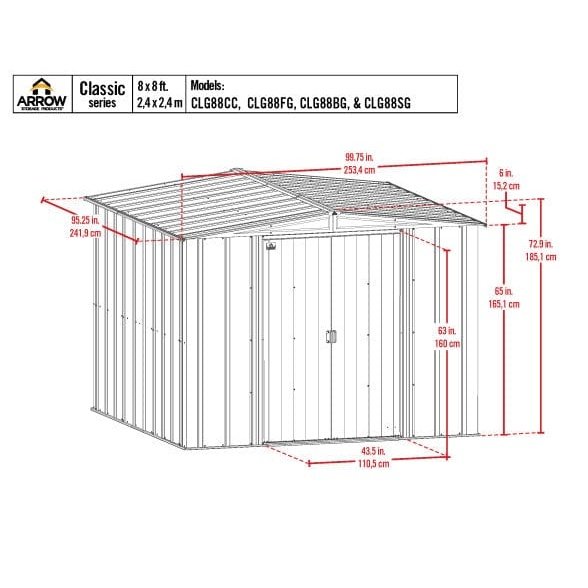 Arrow | Classic Steel Storage Shed, 8x8 ft., Charcoal CLG88CC