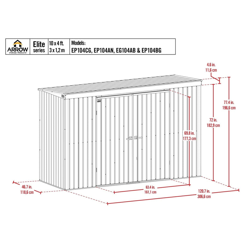 Arrow | Elite Steel Storage Shed, 10x4 ft. Silver