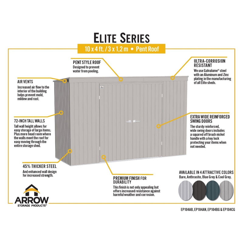 Arrow | Elite Steel Storage Shed, 10x4 ft. Silver