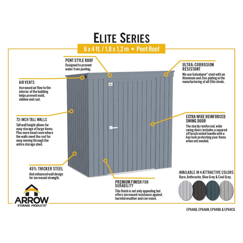 Arrow | Elite Steel Storage Shed, 6x4 ft. Blue Grey