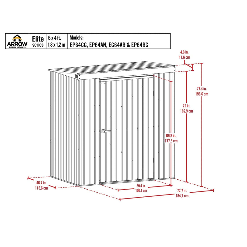 Arrow | Elite Steel Storage Shed, 6x4 ft. Silver EP64AB