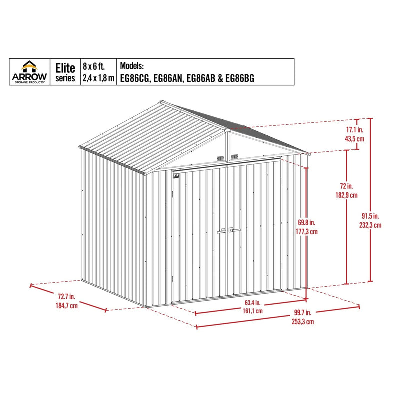 Arrow | Elite Steel Storage Shed, 8x6 ft. Silver EG86AB