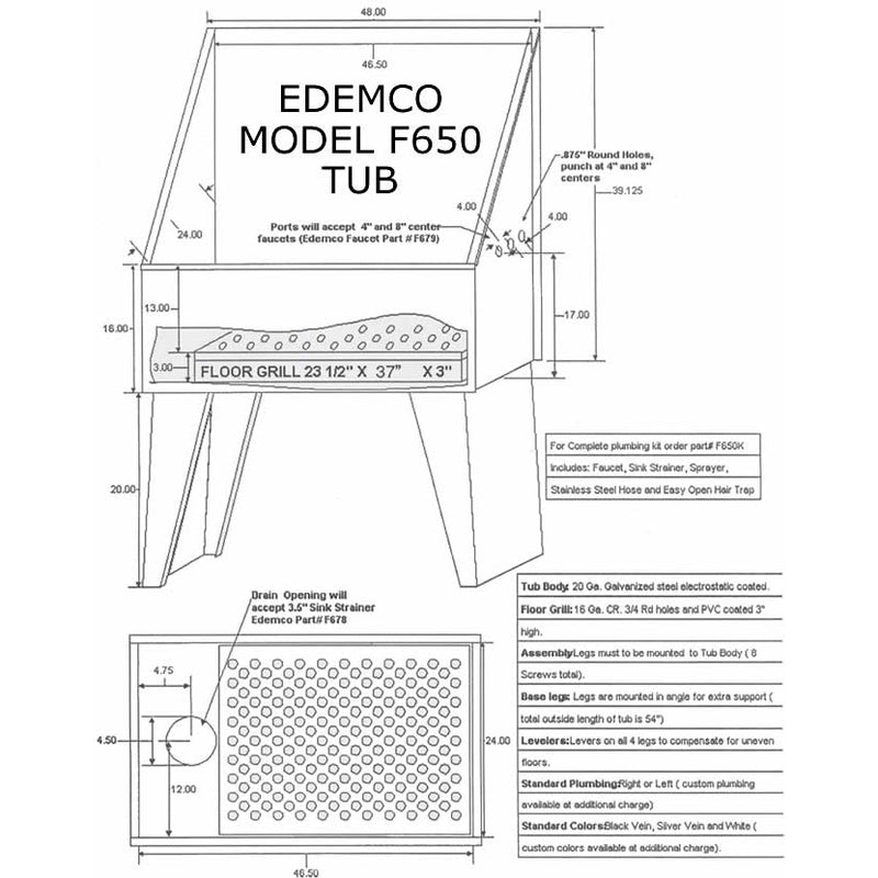 Edemco 48" Standard Powder Coated Steel Dog Grooming Bath Tub Lead Time Applies - ED-F650LWH