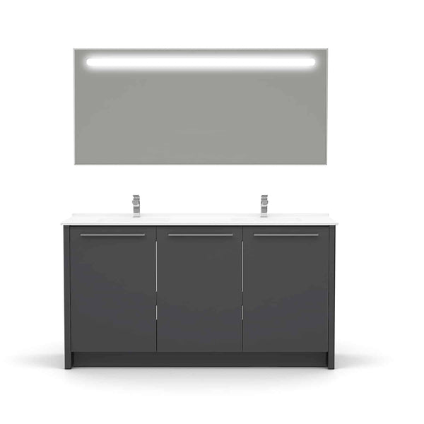 Casa Mare Benna 63" Glossy Gray Bathroom Vanity and Double Sink Combo with LED Mirror - Benna160GG-63-S