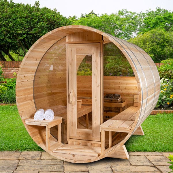 Canadian Timber Serenity MP CTC2245MP 2-4 Person Traditional Outdoor Barrel Sauna with Porch by Dundalk Leisurecraft