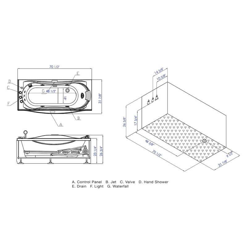 EAGO 6 ft Left Drain Acrylic White Whirlpool Bathtub w/ Fixtures AM189ETL-L