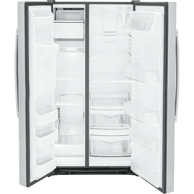 GE 25.3-cu ft Side-by-Side Refrigerator with Ice Maker, Water and Ice Dispenser Stainless Steel - GSS25GYPFS