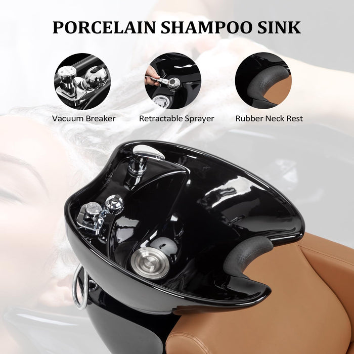 OmySalon BU1401 Salon Shampoo Bowl and Chair Backwash Unit with Extra Wide Seat & Porcelain Hair Washing Sink - G59000546+G59000547+G59000548