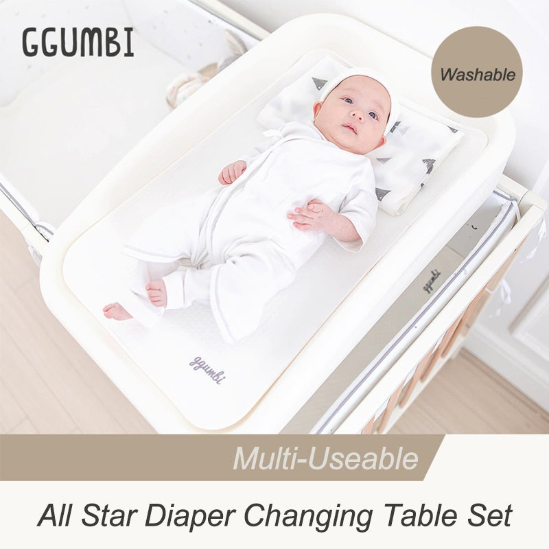 GGUMBI All Star Wood Baby Crib Full Set Baby Crib + Mattress + Cushion Guard 3P + Water Proof Pad + Diaper Changing Table Set - Gumb-Cribset