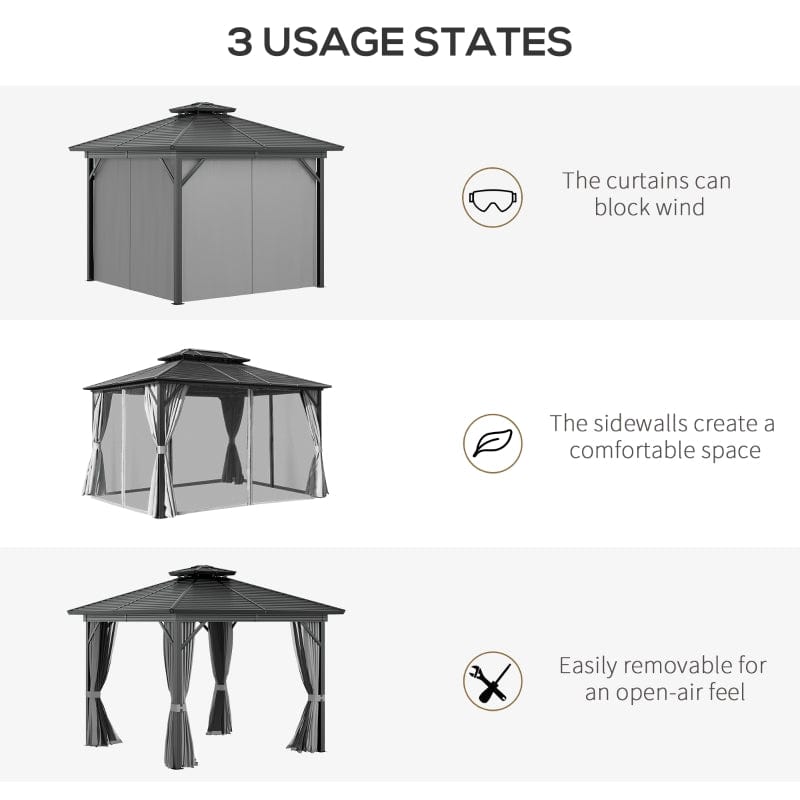 Outsunny Outdoor 2-Tier 10' x 10' Patio Hard Top Aluminum Gazebo w/ Mesh Privacy Sidewalls - 84C-145V02