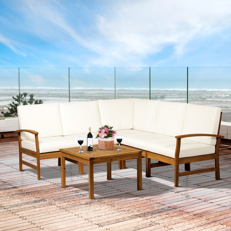 Outsunny 6 Piece Acacia Wood L Shaped Sectional Patio Sofa Furniture Set - 84B-337