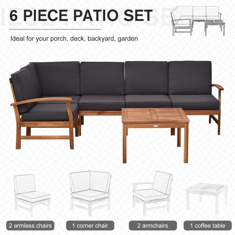 Outsunny 6 Piece Acacia Wood Sectional Sofa Outdoor Patio Furniture Set - 84B-448