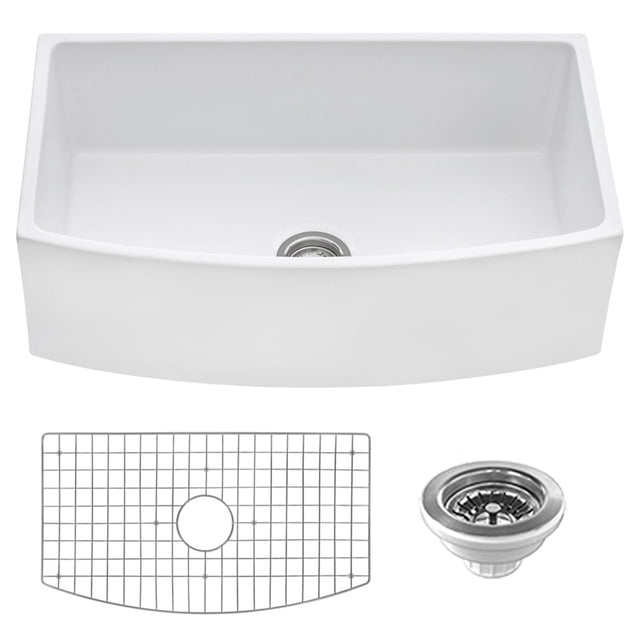 Ruvati 33 inch Fireclay White Farmhouse Kitchen Sink Curved Apron-Front Single Bowl - RVL2398WH