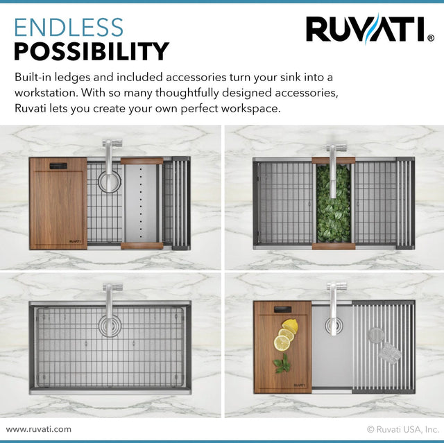 Ruvati Roma 33" Workstation Ledge 60/40 Double Bowl Undermount 16 Gauge Stainless Steel Kitchen Sink - RVH8356